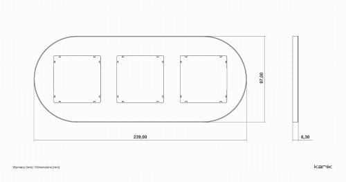 Potrójna ramka okrągła Karlik MINI w kolorze białym, z wymiarami 239 mm x 97 mm x 6,3 mm. Rysunek techniczny.