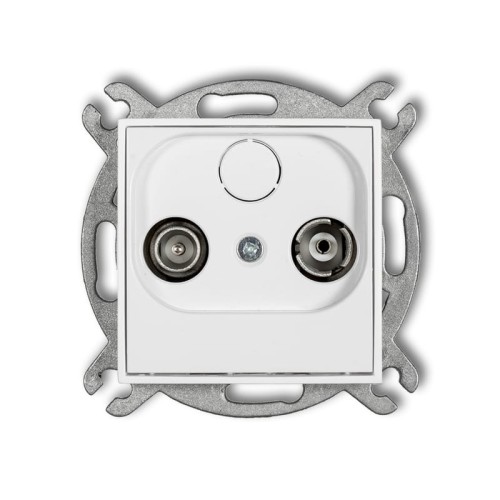 Gniazdo antenowe RTV końcowe Karliki MINI w kolorze białym. Produkt ma prostokątny kształt z dwoma złączami antenowymi oraz jedną śrubą mocującą, umieszczony na metalowej ramce montażowej. Ujęcie frontalne.