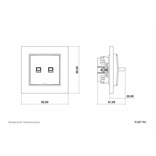Podwójny łącznik schodowy Karlik MINI w kolorze taupe beżowym, w stylu amerykańskim. Wymiary: 80x80 mm, z widocznymi dwoma otworami na przyciski. Z boku umieszczone złącza do podłączenia. Brak piktogramu.