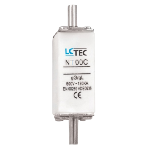 Wkładka topikowa NT00CgL/gG 50A 400V od LCTEC, biała obudowa z niebieskim logo, z metalowymi końcówkami. Widoczny napis NT 00C oraz parametry: 500V ~ 120KA. Produkt leży poziomo na jasnym tle.