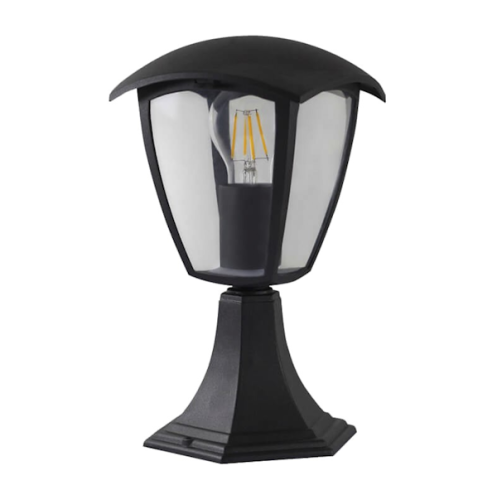 Lampa ogrodowa słupek WENA E27 o wysokości 30 cm, w kolorze czarnym, z przezroczystym kloszem i ozdobnym daszkiem. Produkt stoi na szerokiej podstawie, wykończony w stylu klasycznym, idealny do oświetlenia ogrodu lub ścieżek.