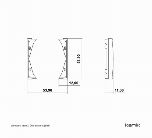 Podwójna ramka pośrednia Karlik MINI w kolorze srebrny metalik o wymiarach 53,90 mm x 12 mm x 11 mm. Rysunek techniczny.