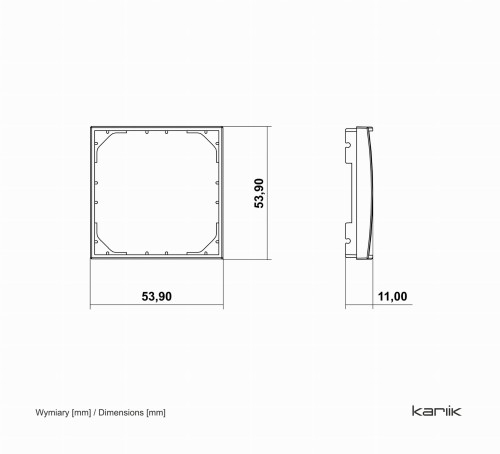 Ramka pośrednia Karlik MINI w kolorze białym matowym, o wymiarach 53,90 mm x 53,90 mm i grubości 11,00 mm. Rysunek techniczny.