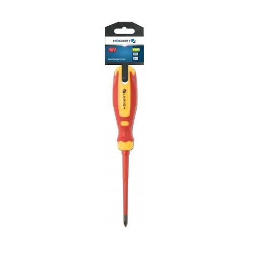 Wkrętak izolowany krzyżakowy PZ 2 x 100 mm, 1000V, z ergonomicznym uchwytem w czerwono-żółtych kolorach. Widać stalowy końcówkę, zamontowaną na długim, wąskim trzonku. Produkt zawieszony na etykiecie z logo producenta.