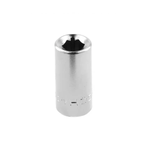 Adapter do bitów ¼” w kolorze srebrnym, wykonany z metalu. Owalny kształt z otworem wewnętrznym, widoczny napis na bocznej ściance. Produkt stoi na białym tle, umożliwiając łatwe dostrzeganie detali.