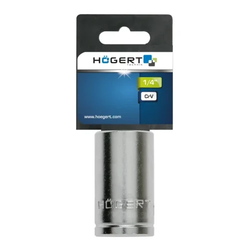 Adapter do bitów ¼” w kolorze metalicznym, wykonany ze stali CrV. Produkt znajduje się w opakowaniu z logo HÖGERT. Widoczny jest napis HÖGERT na korpusie adaptera. Ujęcie frontalne.
