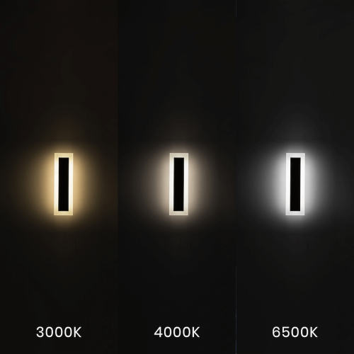 Kinkiet elewacyjny WOW 30cm z oprawą w kolorze białym, pokazujący trzy warianty barwy światła: 3000K (ciepła), 4000K (neutralna) oraz 6500K (zimna), umieszczony na ciemnym tle.