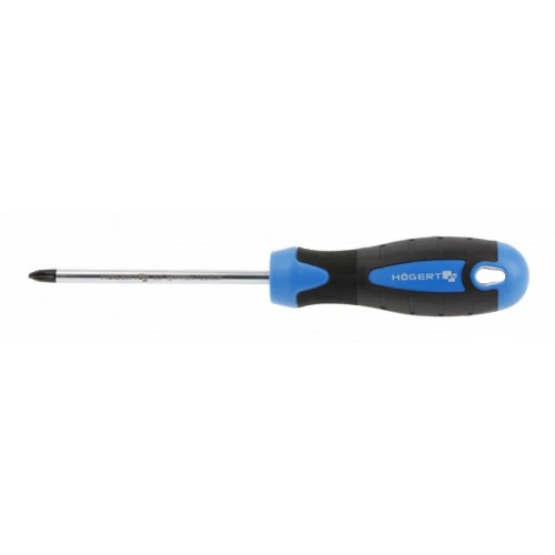 Wkrętak krzyżakowy PH 2 o długości 100 mm z metalowym, stalowym grotem i ergonomiczną, czarno-niebieską rączką. Ujęcie z boku, pokazujące detal rękojeści oraz wkręt. Idealny do precyzyjnego wkręcania.