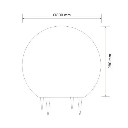 Lampa ogrodowa Kula Argento o średnicy 30 cm i wysokości 28 cm, w formie okrągłej, z trzema nóżkami. Rysunek techniczny.