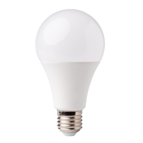 Żarówka LED E27 A65 o mocy 15W, kolor ciepła biała. Okrągła, biała obudowa z metalowym gwintem. Produkt stojący, ukazany z boku, z gładką, błyszczącą powierzchnią, idealny do użytku domowego i biurowego.