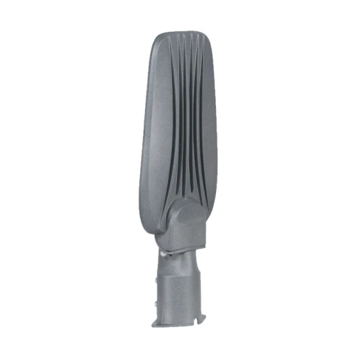 Lampa uliczna Premium 50W o zimnym białym świetle 6500K i wydajności 130lm/W. Obudowa w kolorze szarym z charakterystycznym wzorem, montaż na słupie. Wysoka odporność na warunki atmosferyczne (IP65).