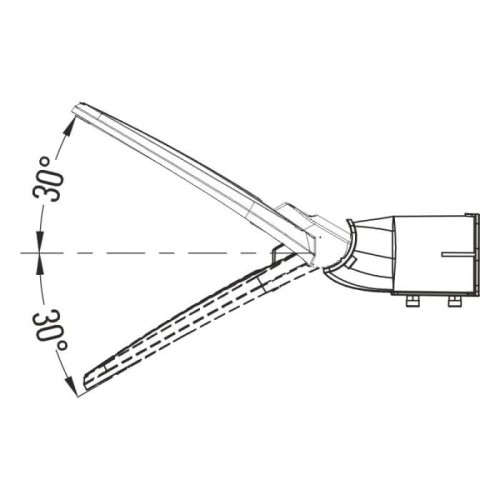 Lampa uliczna Premium 50W z zimnym białym światłem 6500K, kąt nachylenia 30°, wykonana z materiałów odpornych na warunki atmosferyczne (IP65). Widok z boku, pokazujący profil lampy i mechanizm regulacji.
