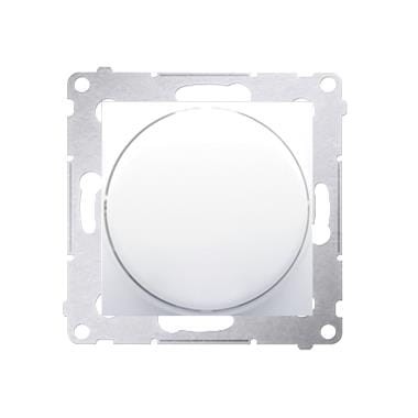 Regulator oświetlenia Simon 54 w kolorze białym. Okrągły ściemniacz z metalową ramką montażową, zamontowany w puszce. Prosty design, idealny do różnych aranżacji wnętrz. Widok frontalny.