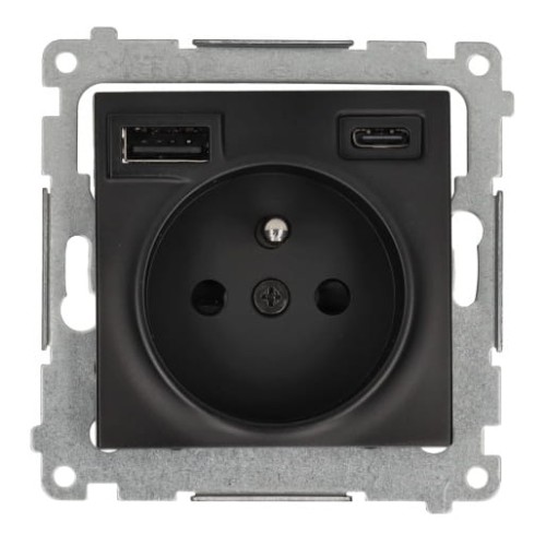 Simon 54 Gniazdo pojedyczne z uziemieniem + ładowarka USB-A, USB-C czarny