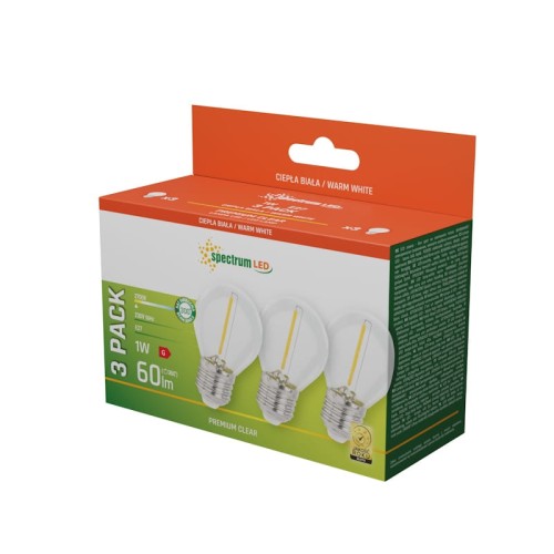 Zestaw 3 żarówek LED filamentowych E27 o mocy 1W, emitujących ciepłe białe światło. Opakowanie z widocznymi żarówkami w kształcie kulki, z przezroczystym szkłem i złotymi włóknami wewnątrz. Logo spectrum LED na etykiecie.