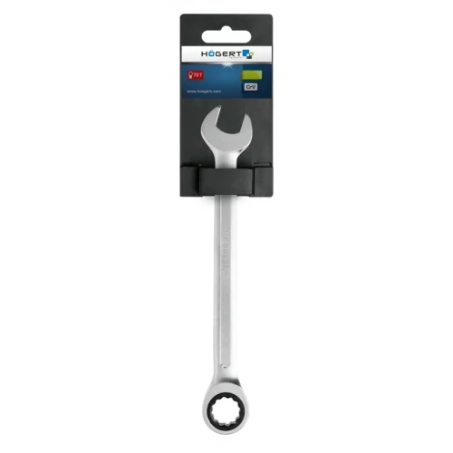 Klucz płasko-oczkowy z grzechotką ze stali CrV, 10 mm, o matowej, metalicznej powierzchni. Ujęcie frontalne, produkt w opakowaniu z logo Högert. Widoczny kształt oczka oraz grzechotki, idealny do pracy z śrubami.