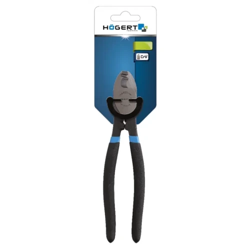 Szczypce do cięcia kabli 160 mm z ergonomicznymi, czarnymi uchwytami. Narzędzie ma stalowe, szare końcówki do cięcia, z widocznym logo producenta. Ujęcie frontalne, produkt zawieszony na niebieskim tle z informacją o materiale CrV.