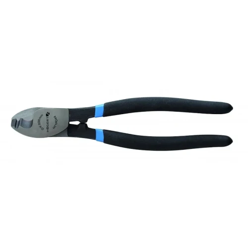Szczypce do cięcia kabli 160mm z metalowym ostrzem i czarnymi, ergonomicznie wyprofilowanymi rękojeściami z niebieskimi akcentami. Ujęcie frontalne, pokazujące narzędzie w pozycji otwartej.