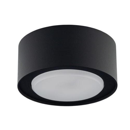 Żarówka LED GX53 230V 6W w obudowie czarnej, z białą, matową osłoną. Widok z boku, ukazujący okrągły kształt i subtelne detale. Produkt przeznaczony do oświetlenia wnętrz, emituje neutralne białe światło.
