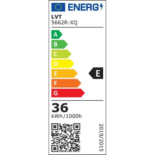 Oprawa hermetyczna 120 cm z świetlówkami LED 4000K, oznaczenie energetyczne E. Widoczna skala zużycia energii z wartościami od A do G oraz informacja o zużyciu 36 kWh/1000h. Prosta grafika z kodem QR.