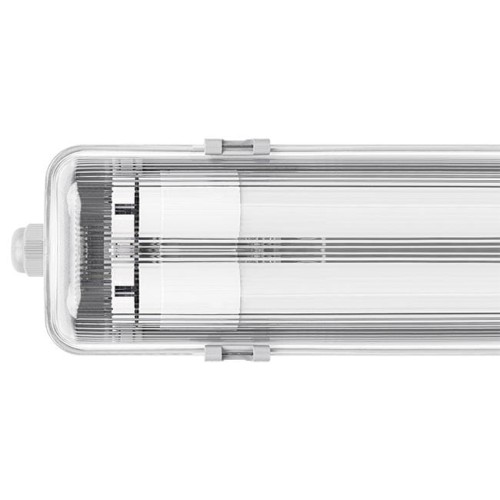 Oprawa hermetyczna 120 cm z dwoma świetlówkami LED 4000K. Białe, cylindryczne świetlówki umieszczone w przezroczystym korpusie z metalowymi elementami. Widok z góry, z zamknięciem z boku. Oprawa przeznaczona do oświetlenia przemysłowego lub magazynowego.