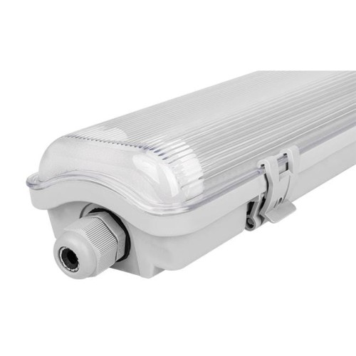Oprawa hermetyczna lampa 120 cm w kolorze białym z przezroczystą osłoną, z widocznym gwintem do montażu. Posiada klamry zabezpieczające. Przeznaczona do montażu z świetlówkami LED 4000K. Ujęcie z boku, ukazujące detal konstrukcji.