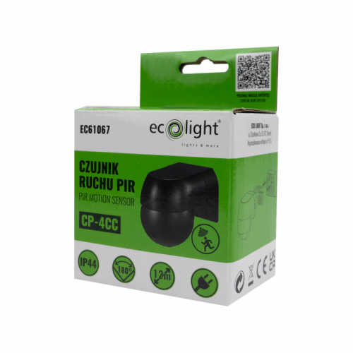 Czujnik ruchu CP-4CC w czarnej obudowie, z kątem detekcji 180 stopni i zasięgiem do 12 m. Opakowanie z zielonymi elementami, widoczne logo ecOlight oraz oznaczenie IP44, zapewniające odporność na warunki atmosferyczne.