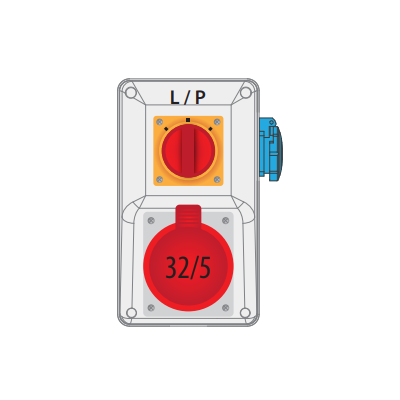 Rozdzielnica R-BOX KOMPAKT 32/5 250V z włącznikiem L-0-P, w kolorze szarym, z czerwonym gniazdem 32/5, żółtym przełącznikiem oraz niebieskim elementem bocznym. Ujęcie frontalne, ukazujące pełny widok produktu.