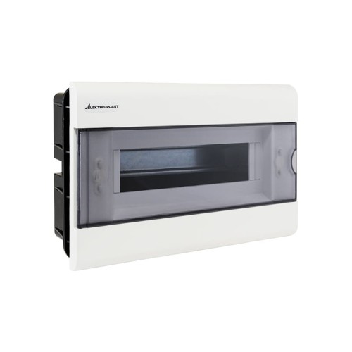 Rozdzielnica SR p-12 podtynkowa w kolorze białym, z przezroczystą pokrywą, z widocznym otworem na instalację. Produkt prezentowany frontalnie, zamontowany w ścianie, z logo ELEKTRO-PLAST w górnym lewym rogu.