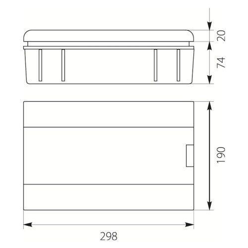 Rozdzielnica SR p-12 podtynkowa (N+PE) o wymiarach 298 mm x 190 mm x 74 mm, z widoczną pokrywą i systemem mocowania. Rysunek techniczny.