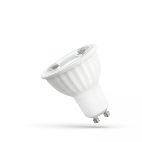 Żarówka LED GU10 4W z soczewką, kolor biały, kształt cylindryczny. Ujęcie z boku, przedstawiające gwint i reflektor. Jasne, neutralne światło, kąt rozsyłu 55°. Idealna do zastosowań oświetleniowych w domach i biurach.