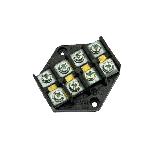 Listwa zaciskowa LZ 4x4mm2 32A w czarnej obudowie, sześć zacisków na śruby z metalowymi elementami, ułożona poziomo. Widoczne otwory montażowe po bokach. Przeznaczona do łączenia przewodów elektrycznych.