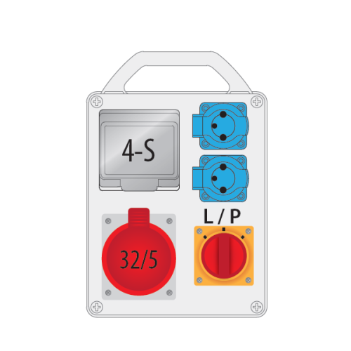 Rozdzielnica R-BOX 240 z rączką, z przodu widoczne: wyłącznik 4-S, dwa gniazda niebieskie, czerwone gniazdo 32A/5 oraz pokrętło L/P w żółtej ramce. Produkt stoi w pozycji pionowej na białym tle.