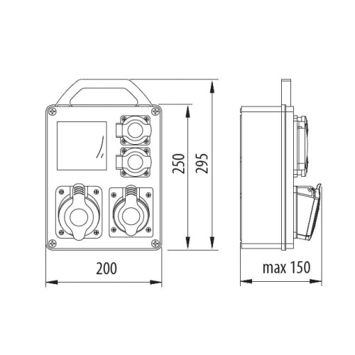Rozdzielnica R-BOX 240, z rączką, z dwoma gniazdami 32A/5, 250V. Rysunek techniczny.