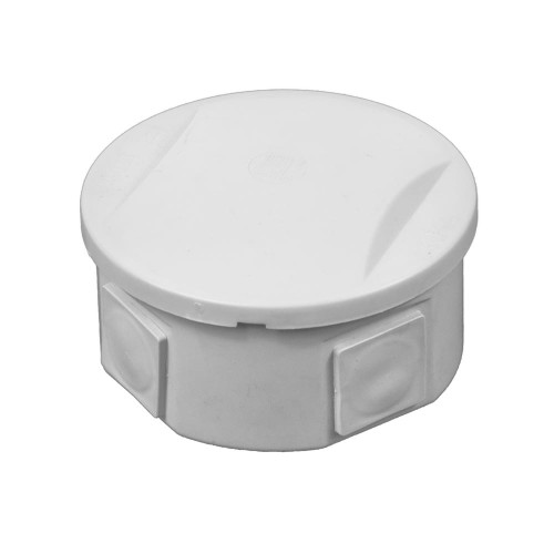 Puszka natynkowa 80x40 mm w kolorze szarym, z okrągłym wiekiem i czterema dławikami. Ujęcie z boku, ukazujące kształt i detale konstrukcyjne. Produkt przeznaczony do instalacji elektrycznych, zapewniający ochronę IP44.