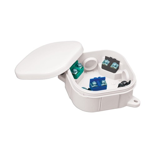 Puszka natynkowa biała, rozmiar 92x92x44 mm, otwarta, z pięcioma zaciskami w kolorach zielonym, niebieskim i czarnym. Wodoodporna (IP54), z pokrywką, przeznaczona do montażu elektrycznego.