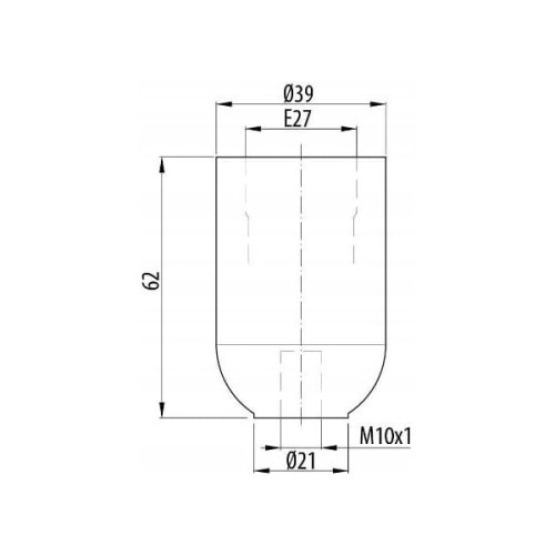 Oprawka E27 w kolorze czarnym, wykonana z gładkiego termoplastycznego materiału. Rysunek techniczny.