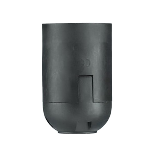 Oprawka E27 gładka, wykonana z czarnego termoplastiku, o cylindrycznym kształcie. Widoczna jest dolna część z otworem do montażu. Produkt ustawiony w pozycji pionowej na jednolitym tle.