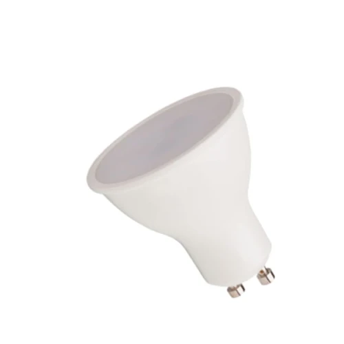 Żarówka LED GU10 5W w neutralnej białej barwie, z mleczną szybką. Okrągła głowica z widocznymi dwoma pinami. Produkt ustawiony w pozycji stojącej, na białym tle. Idealna do oświetlenia wnętrz.