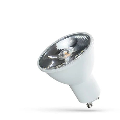 Żarówka LED GU10 6W z soczewką, w kolorze białym, o kącie świecenia 10°. Posiada metaliczny reflektor oraz biały trzonek. Produkt leży na białym tle, ukazując szczegóły konstrukcji.