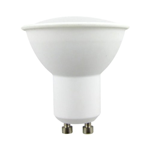 Żarówka LED GU10 3,5W w kolorze białym z mleczną szybką, o zaokrąglonym kształcie. Posiada dwa metalowe styki. Idealna do zastosowań wewnętrznych, zapewnia ciepłe światło. Ujęcie frontalne, produkt stojący.