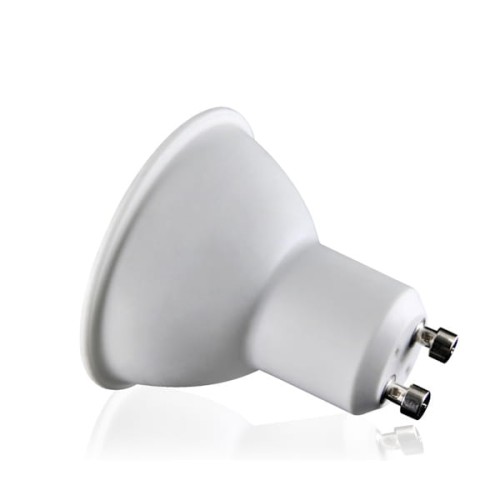 Żarówka LED GU10 3,5W z mleczną szybką, w kolorze białym, o okrągłym kształcie. Widok z boku, ukazujący trzonek z dwoma pinami. Idealna do oświetlenia wnętrz, zapewniająca ciepłe światło.