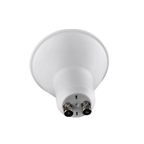 Żarówka LED GU10 3,5W z mleczną szybą, w kolorze białym. Widok od dołu, z dwoma pinami do montażu. Okrągła, gładka obudowa, idealna do oświetlenia wnętrz w ciepłym odcieniu.