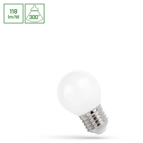Żarówka LED Kulka E27 6W o ciepłej białej barwie, z białym, matowym kloszem i metalowym gwintem. Produkt przedstawiony z boku, na białym tle. Widoczne informacje o wydajności: 118 lm/W oraz kąt świecenia 300°.