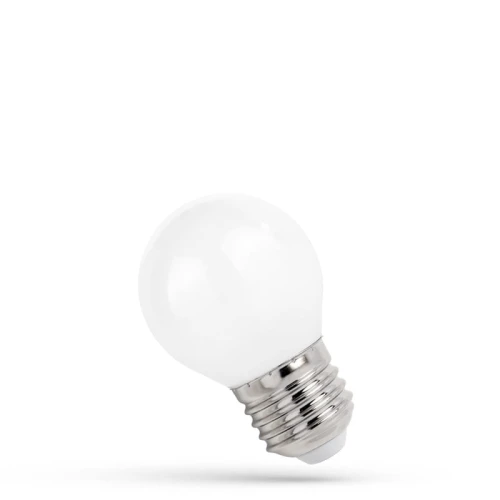 Żarówka LED Kulka E27 6W w ciepłej białej barwie, o matowej, mlecznej obudowie. Zakończenie E27, z widocznym gwintem metalowym. Produkt w pozycji leżącej, ukazujący okrągły kształt.