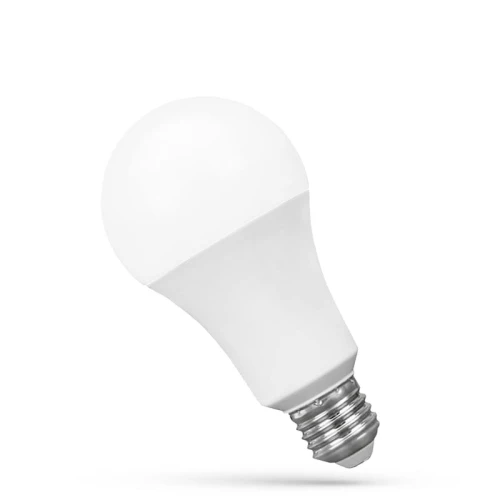 Żarówka LED E27 o mocy 18W, zimna biała, w kształcie kulistym. Biała, matowa obudowa, metalowy gwint. Ujęcie z boku, ukazujące kształt i detale mocowania.
