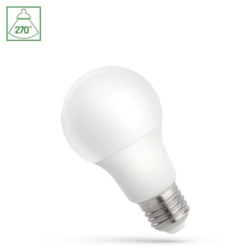 Żarówka LED GLS E27 o mocy 7W, w kształcie kulistym, z białą, matową obudową. Widoczny gwint E27. Produkt przedstawiony z boku, na jednolitym tle. W górnym rogu ikona wskazująca kąt rozsyłu światła 270°.