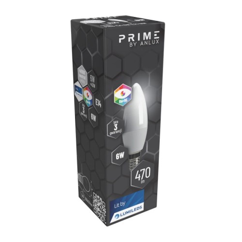 Żarówka LED świecowa 6W E14 w neutralnej białej barwie, umieszczona w opakowaniu. Widoczne informacje: moc 6W, jasność 470 lm, gwarancja 3 lata, logo producenta. Opakowanie ma ciemnoszary, strukturalny design z kolorowymi ikonami i napisami.