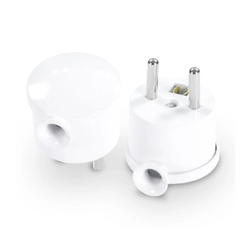 Wtyczka kątowa rozbieralna Mini w kolorze białym, z okrągłym korpusem. Widoczne dwa metalowe bolce oraz otwór do przewodu. Produkt leży na białym tle, ukazując zarówno pełny kształt, jak i szczegóły konstrukcyjne.