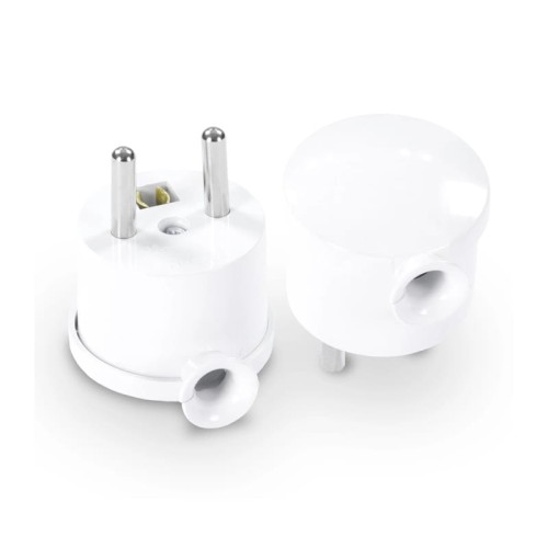 Wtyczka kątowa rozbieralna Mini w kolorze białym, z dwoma metalowymi stykami. Produkt pokazany z boku, z widoczną otwieraną częścią, umożliwiającą łatwe rozłożenie. Gładka, zaokrąglona forma, idealna do użytku w ograniczonej przestrzeni.